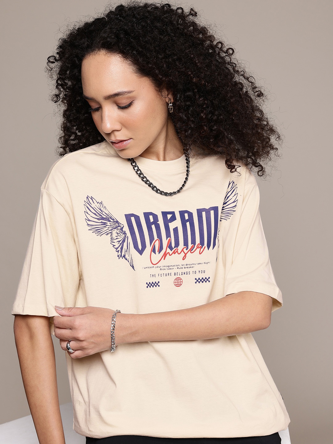 

The Roadster Life Co. Printed Drop-Shoulder Sleeves Pure Cotton Oversized T-shirt, Beige
