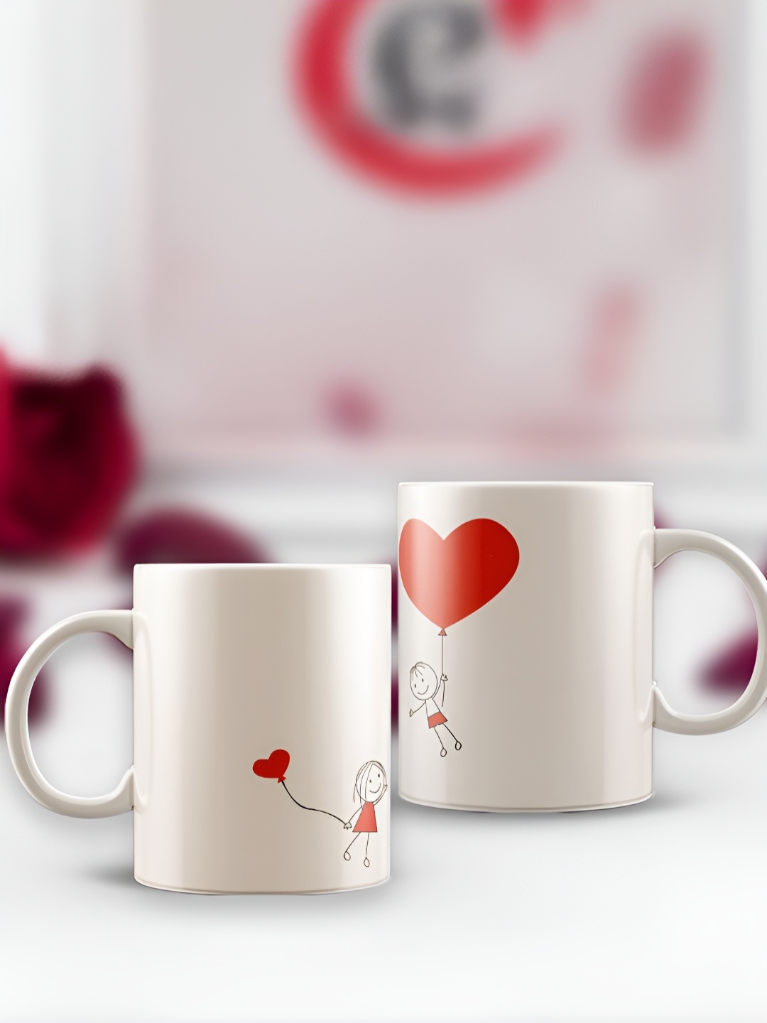 

eCraftIndia White & Red 2 Pieces Couple line Art Love Theme Printed Ceramic Coffee Mugs