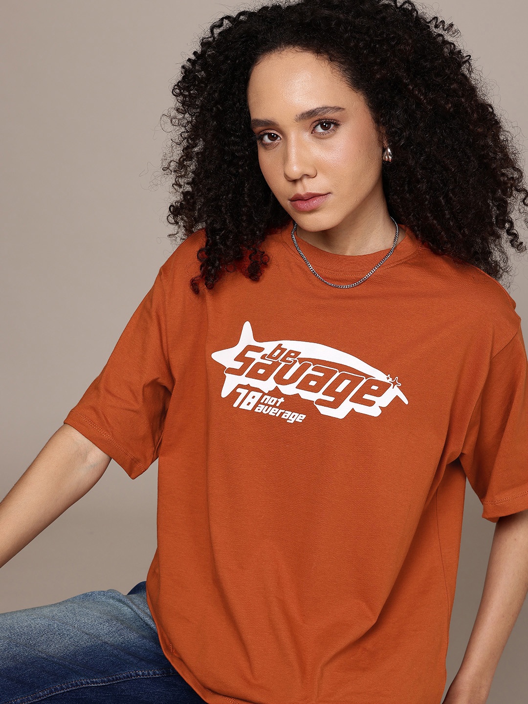 

The Roadster Life Co. Oversized Fit Typography Printed Pure Cotton T-shirt, Rust
