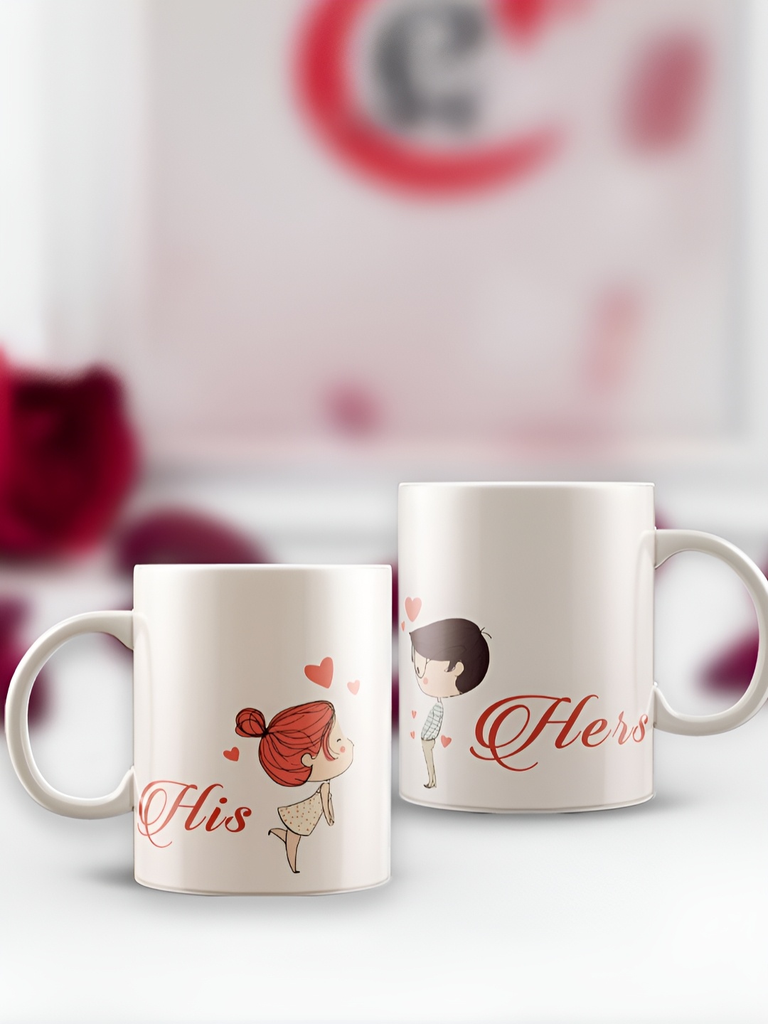 

eCraftIndia White & Pink 2 Pieces "His - Her" Love Theme Printed Ceramic Coffee Mugs