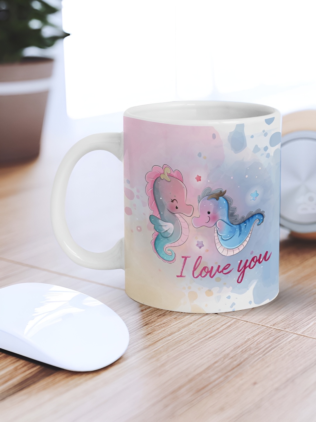 

eCraftIndia White & Pink Couple Sea Horses "I Love You" Printed Ceramic Coffee Mug