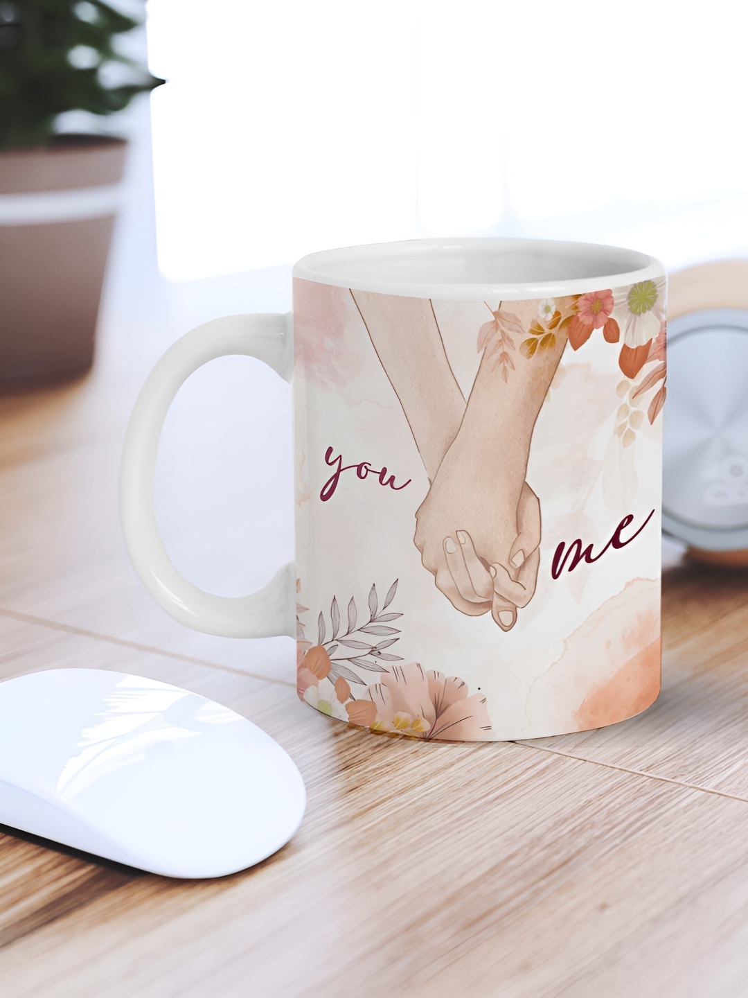 

eCraftIndia White & Pink Couple Holding Hands "You-Me" Printed Ceramic Coffee Mug