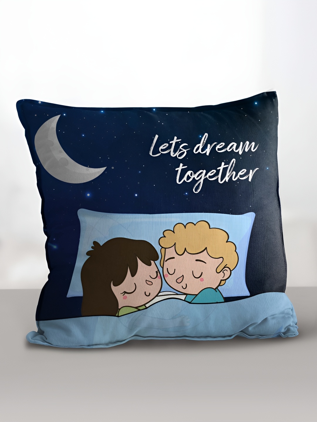 

eCraftIndia Blue & Yellow Couple Sleeping Under The Moon Printed Square Pre-Filled Cushion