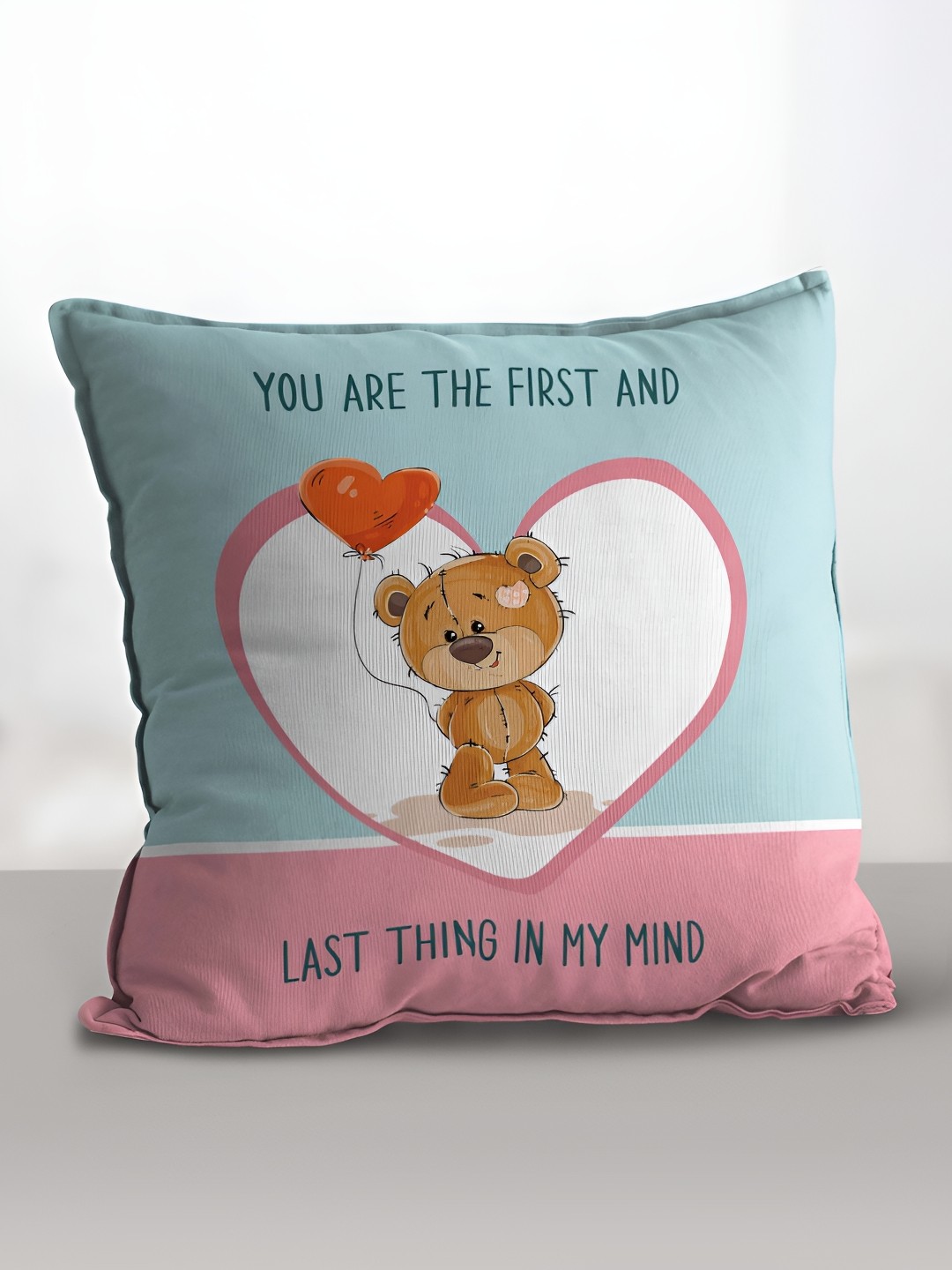 

eCraftIndia White & Pink Teddy Holding Heart Balloon Printed Square Pre-Filled Cushion, Blue