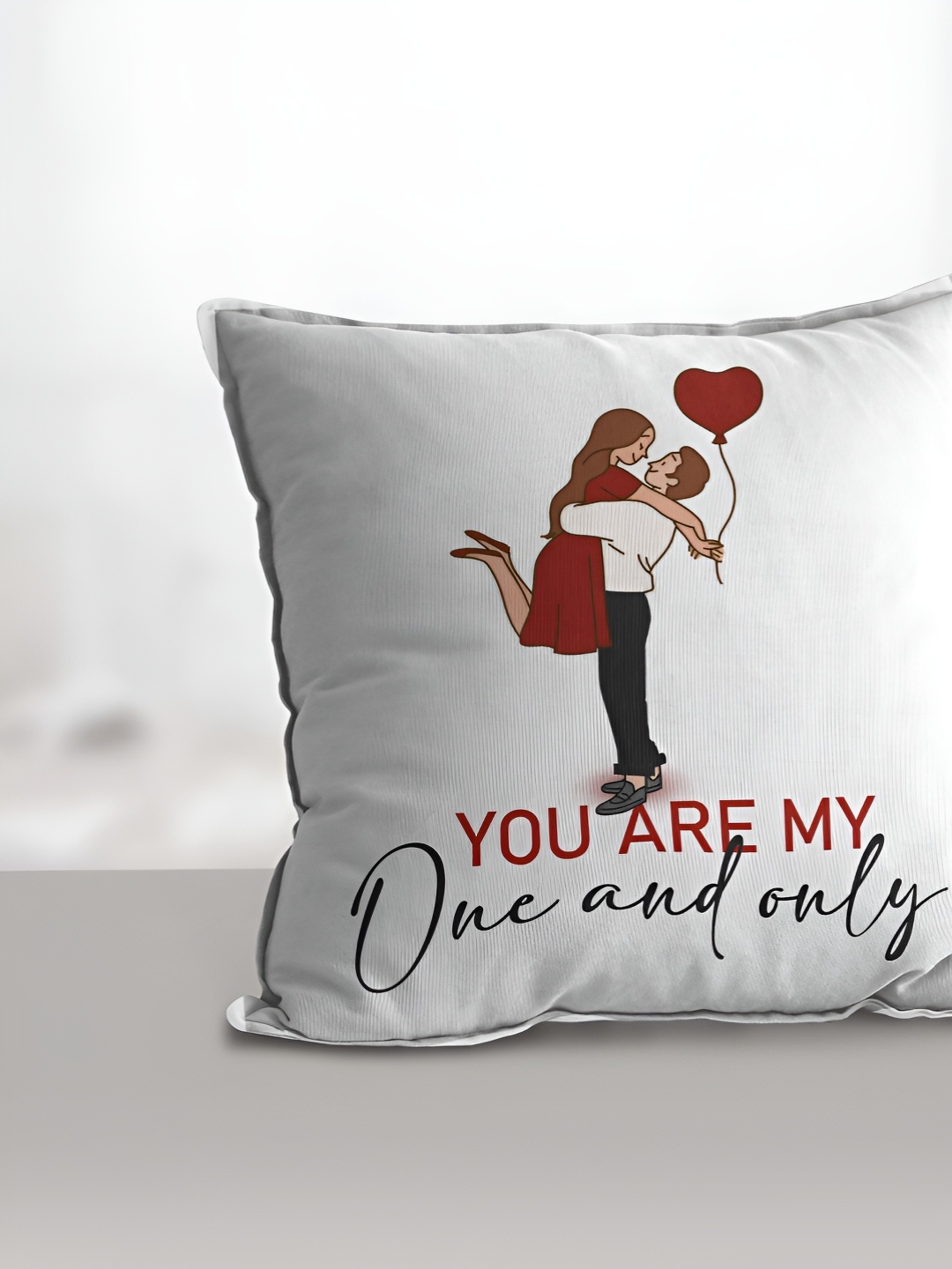 

eCraftIndia White & Red Boy Holding Up The Girl Printed Square Pre-Filled Cushion