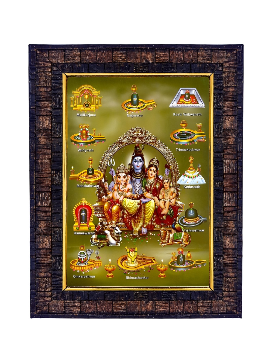 

Hawai Green & Red Lord Shiva Parivar 12 Jyotirlinga Wooden Photo Frame