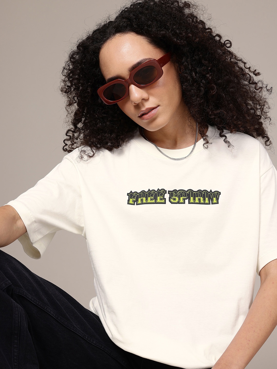 

The Roadster Life Co. Printed Drop-Shoulder Sleeves Pure Cotton Oversized T-shirt, Off white