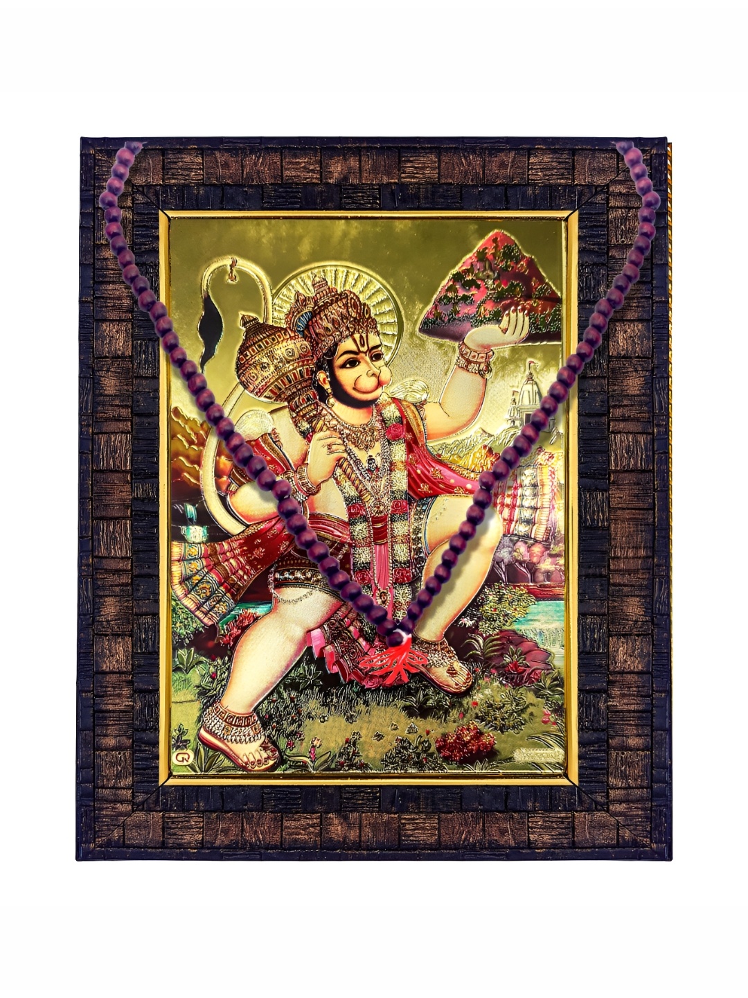 

Hawai Gold Toned Hanuman Bajrang Bali Photo Frame With 108 Beads Red Chandan Mala