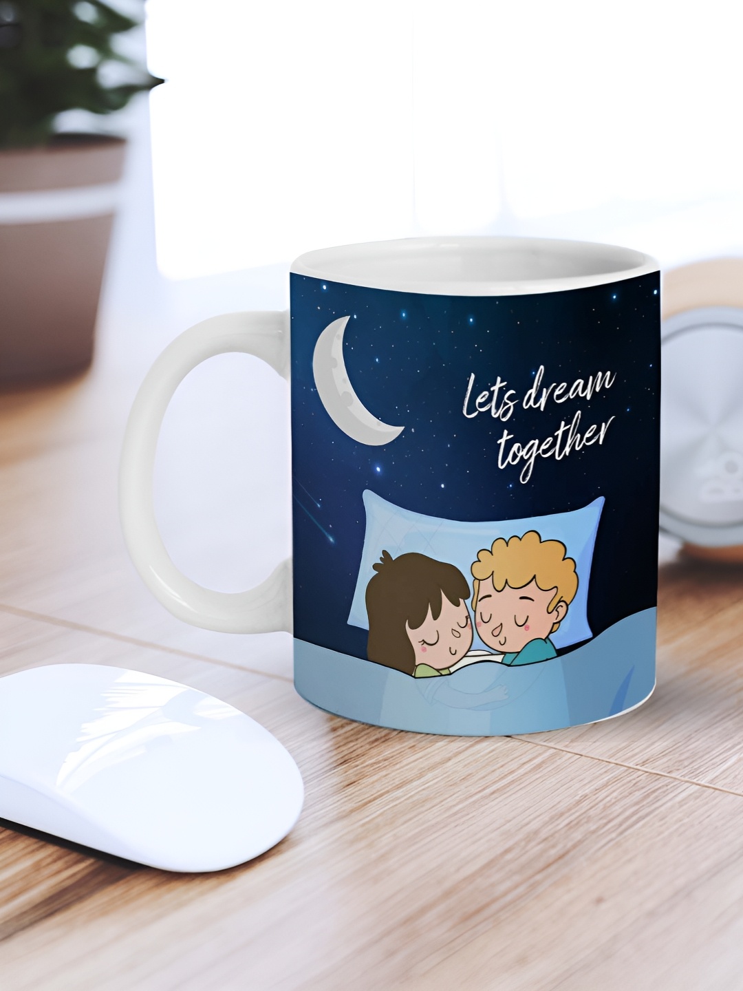 

eCraftIndia White & Blue Sleeping Couple "Let's Dream Together" Printed Ceramic Coffee Mug