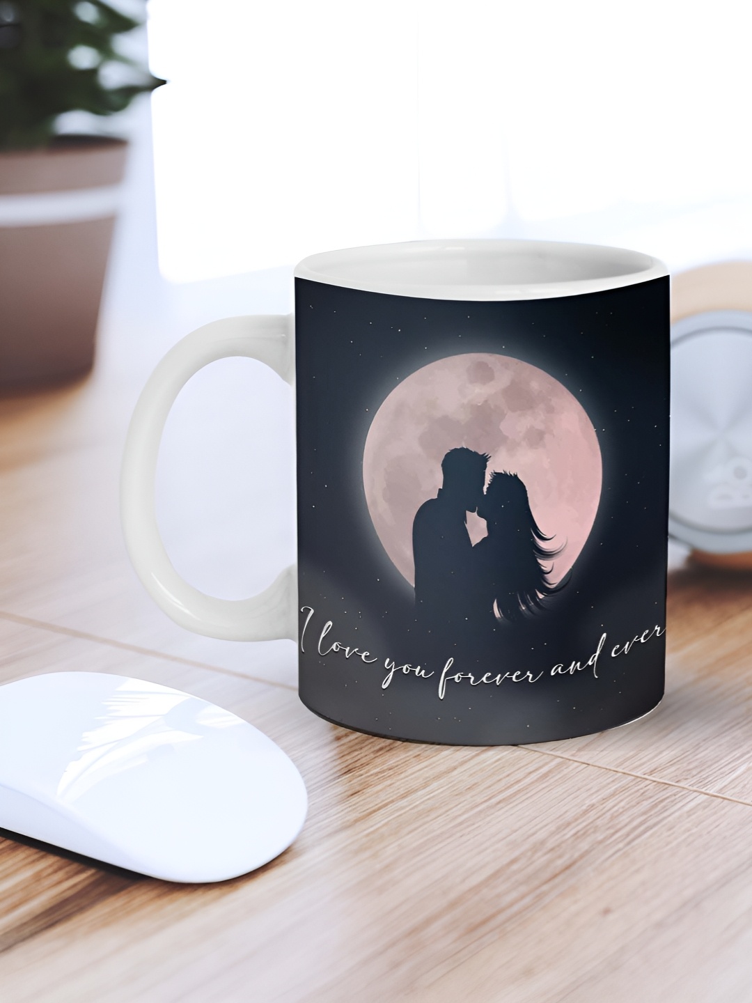 

eCraftIndia White & Pink Couple In Front Of Moon Message Printed Ceramic Coffee Mug