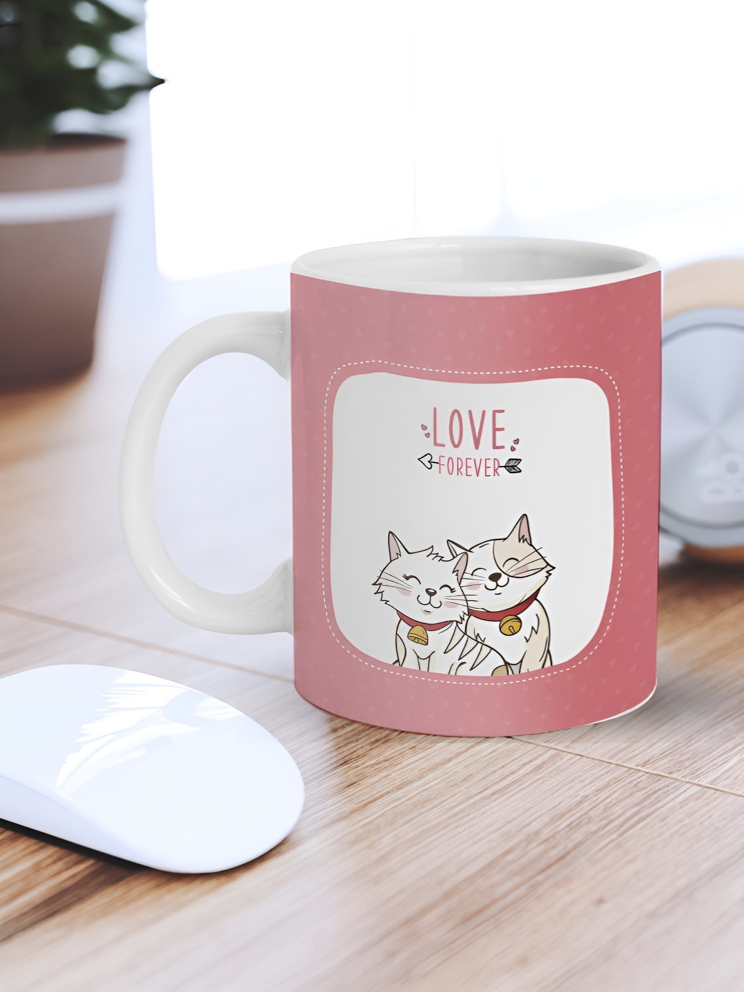 

eCraftIndia White & Pink Cute Couple Cats "Love forever" Printed Ceramic Coffee Mug