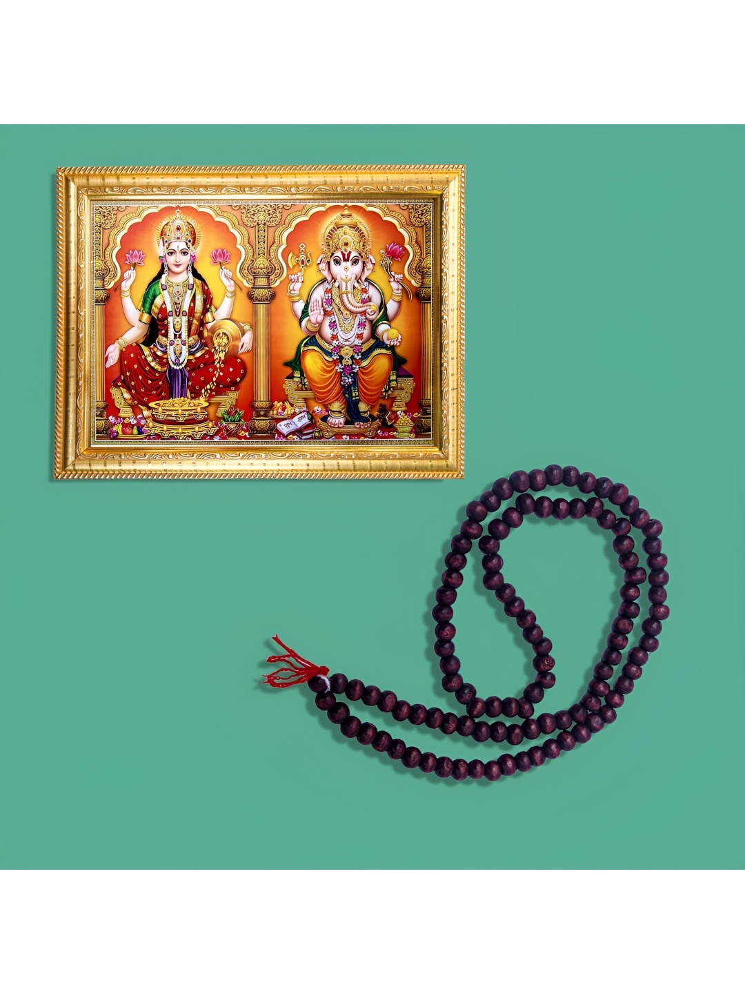 

Hawai Gold-Toned and Red Wooden Ganesh Lakshmi Wall Photo Frame with Mala