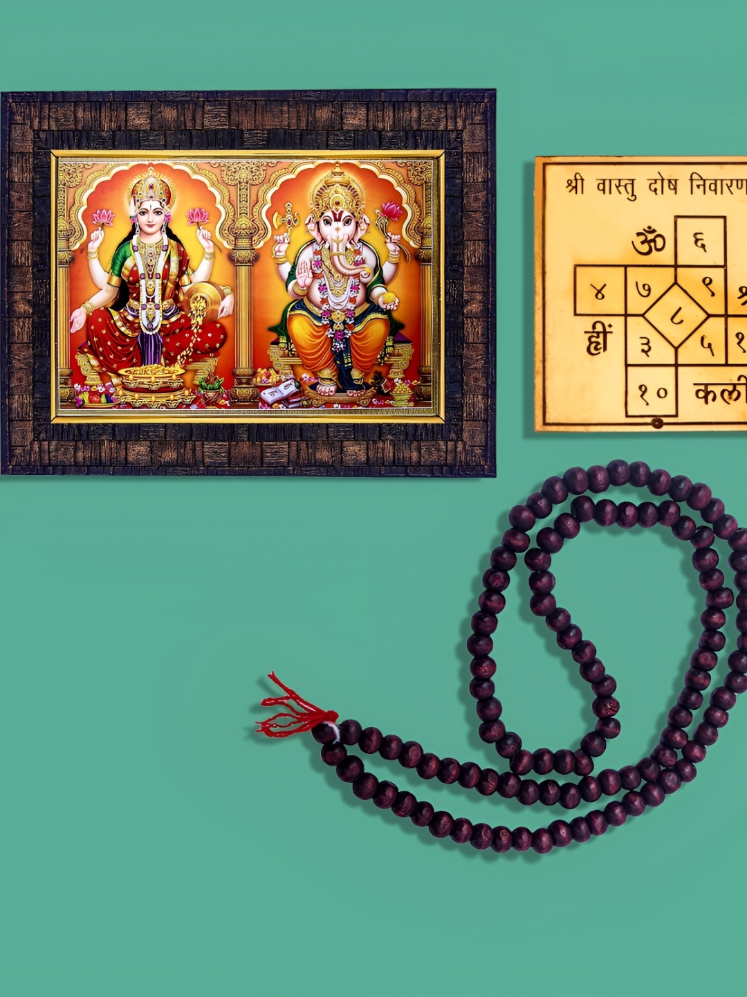 

Hawai Gold Toned Ganesh Lakshmi Wooden Photo Frame With Mala & Yantra