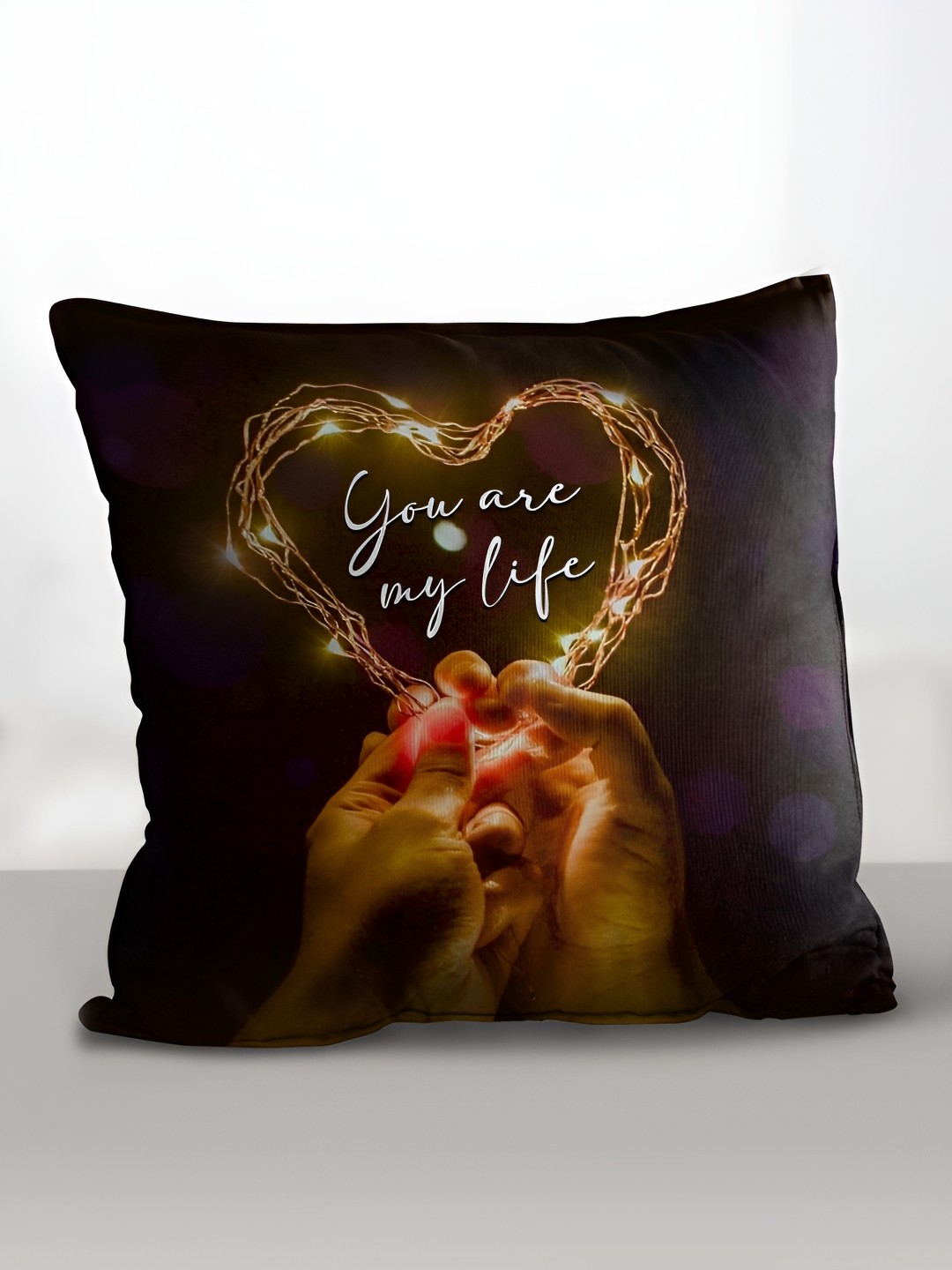 

eCraftIndia Black & White Hands Holding Heart Lighting Printed Square Pre-Filled Cushion