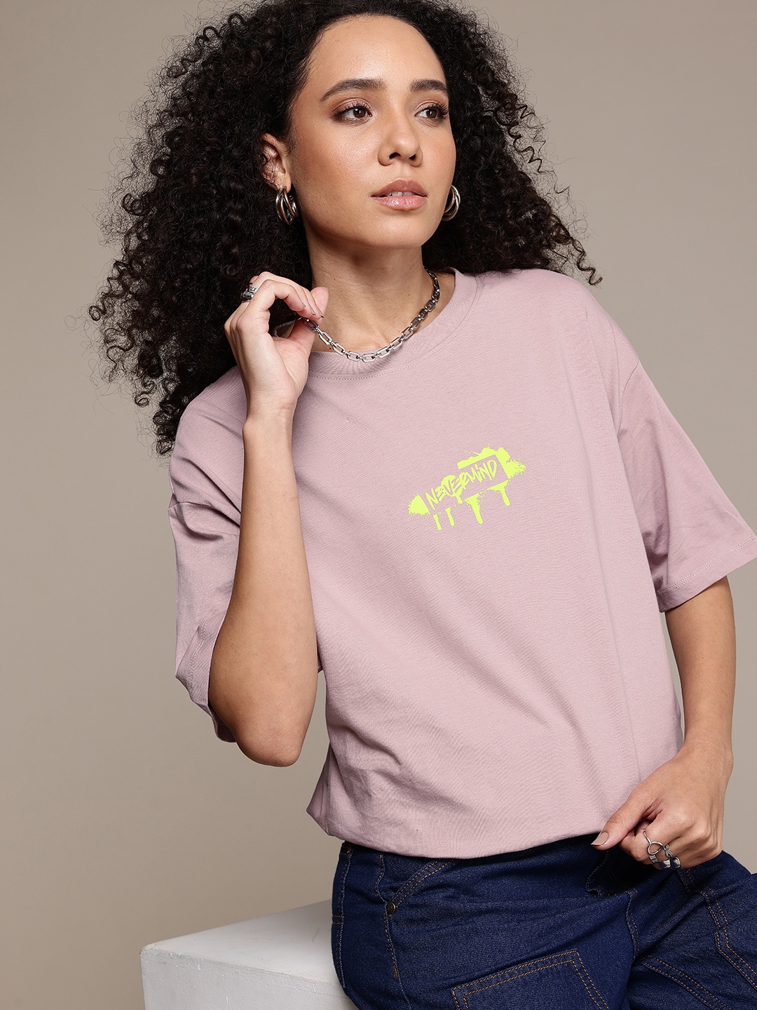 

The Roadster Life Co. Drop-Shoulder Sleeves Pure Cotton Oversized T-shirt, Mauve