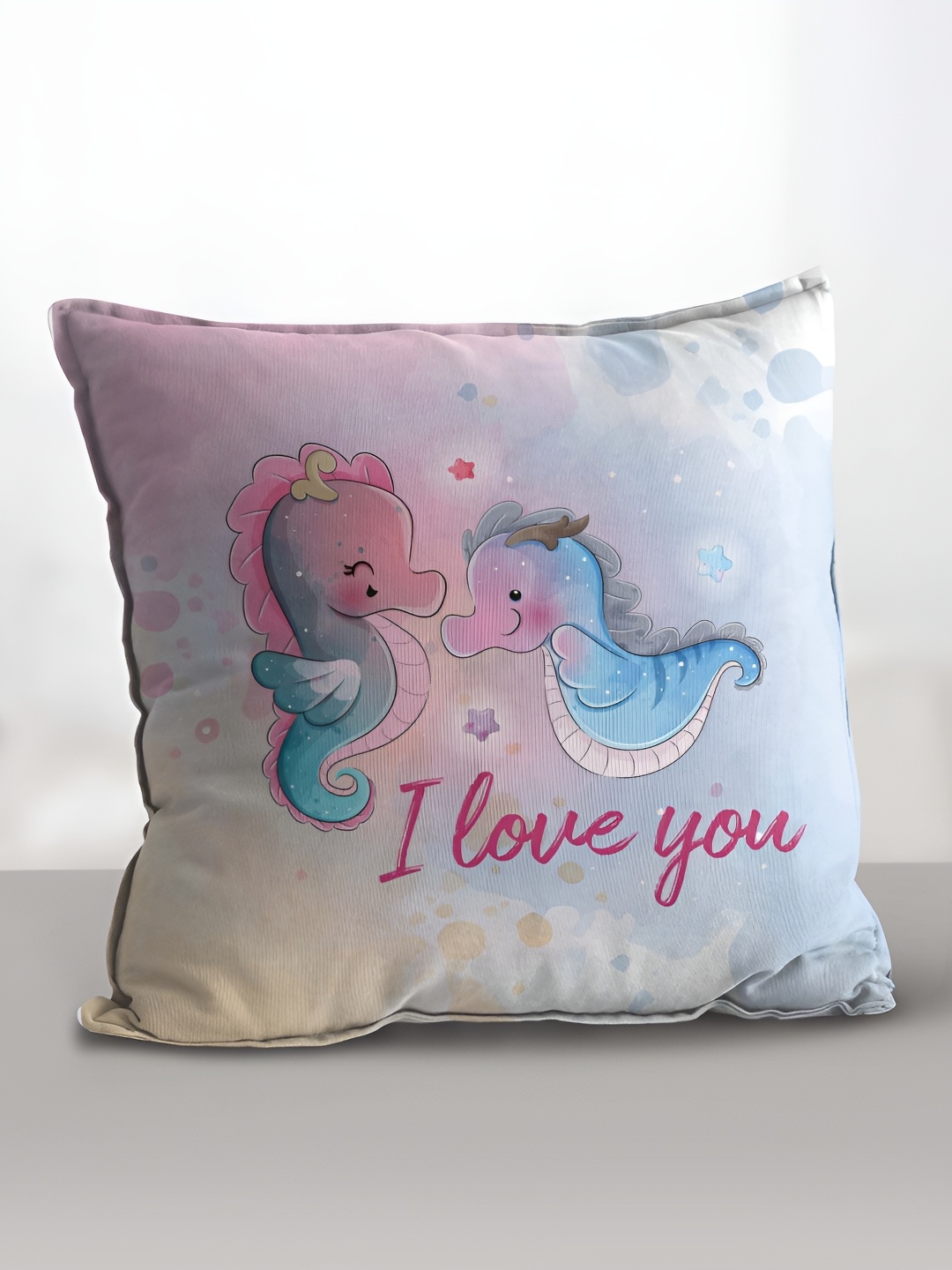 

eCraftIndia White & Blue Couple Sea Horses Quote Digital Printed Square Pre-Filled Cushion