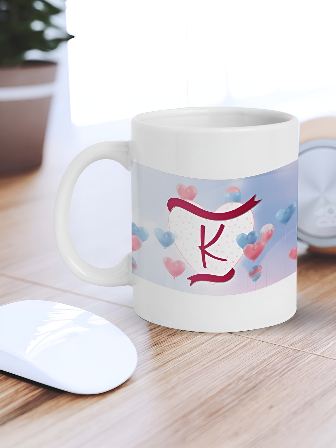 

eCraftIndia White & Pink Heart Balloons Alphabet "K" Printed Ceramic Coffee Mug