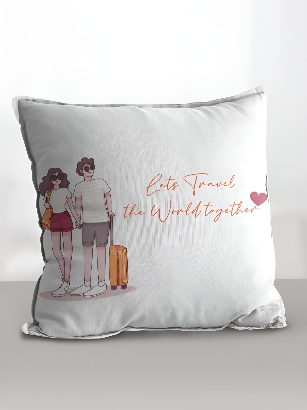 

eCraftIndia White & Yellow Couple Ready To Travel Printed Square Pre-Filled Cushion