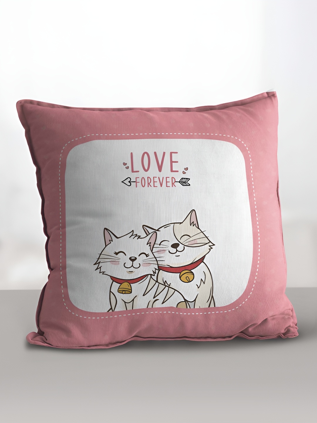 

eCraftIndia White & Pink Couple Cats Quote Printed Square Pre-Filled Cushion