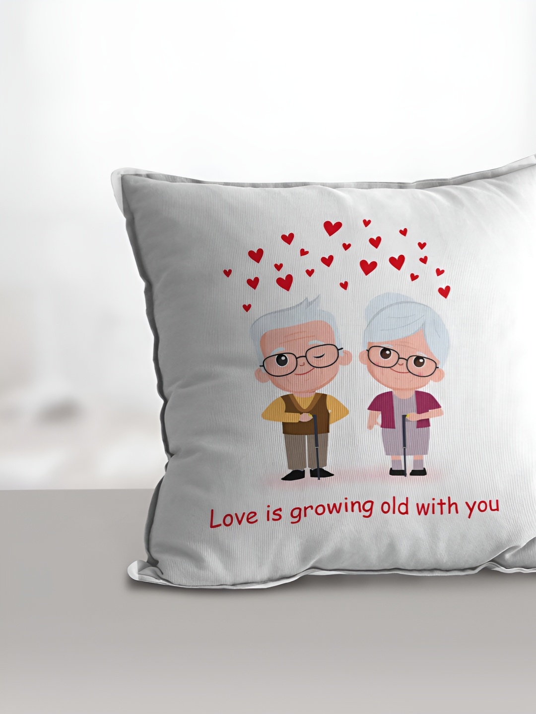

eCraftIndia White & Red Happy Old Couple Printed Square Pre-Filled Cushion