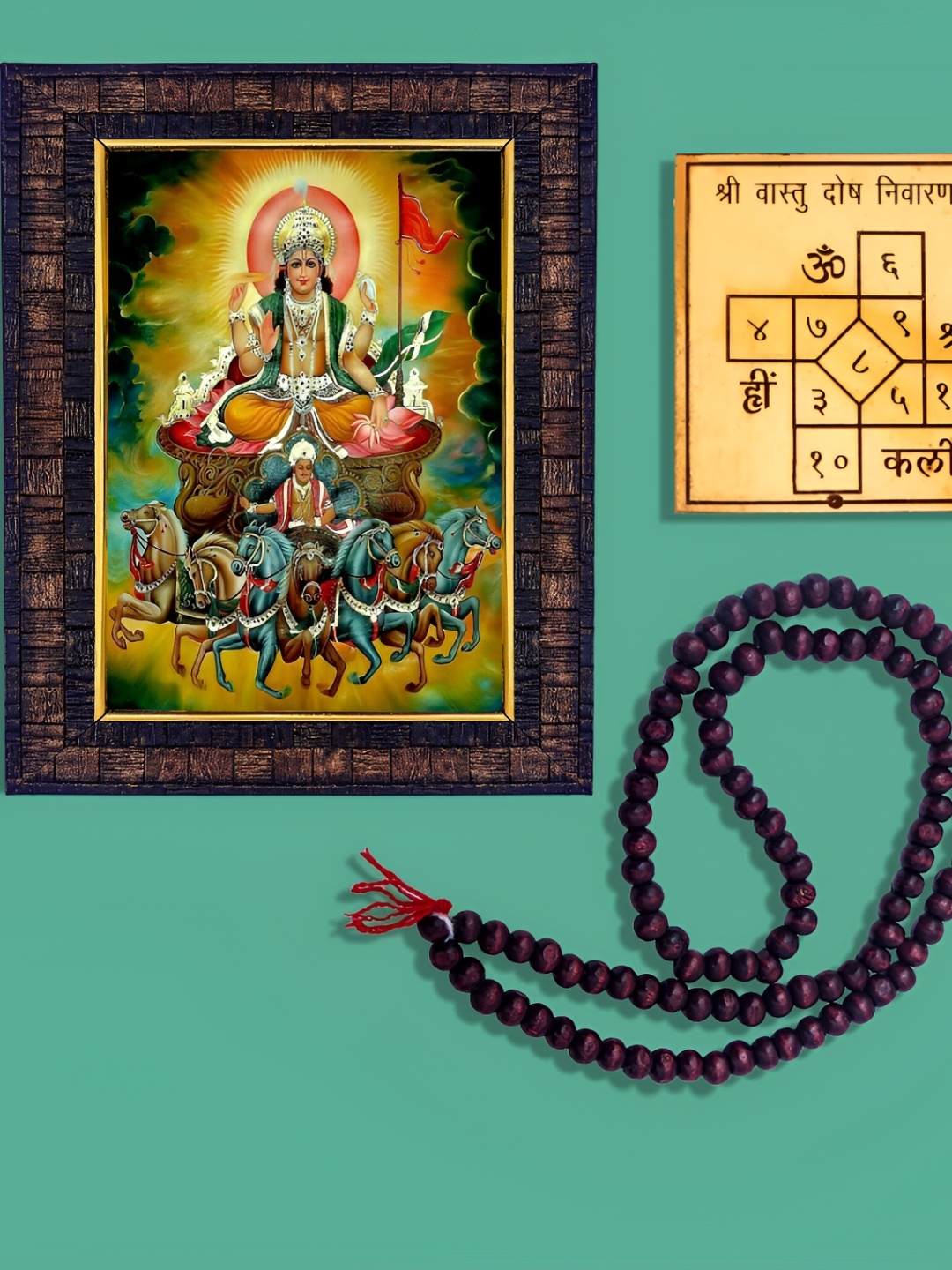 

Hawai Gold-Toned & Green Lord Surya Wooden Wall Photo Frame With 108 Beads Mala & Yantra