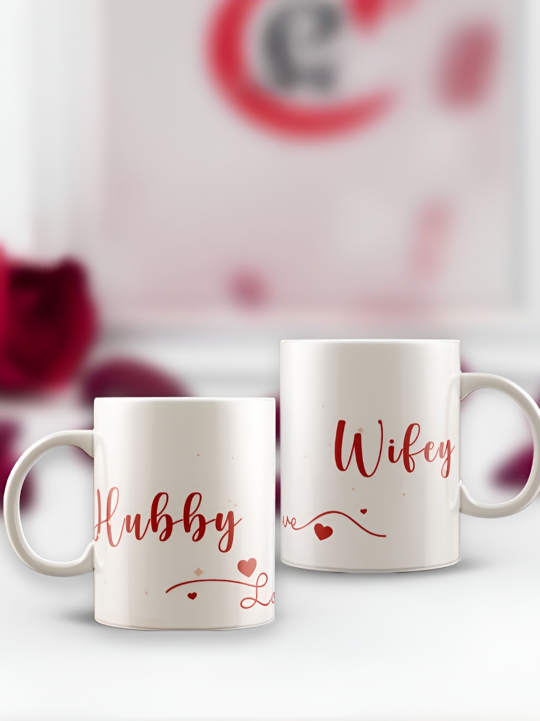 

eCraftIndia White & Red 2 Pcs "Hubby-Wifey" Valentine theme Printed Ceramic Coffee Mugs