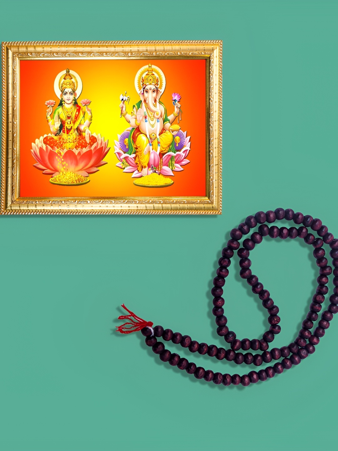 

Hawai Gold-Toned & Brown Ganesh Lakshmi Wooden Wall Photo Frame With 108 Beads Mala