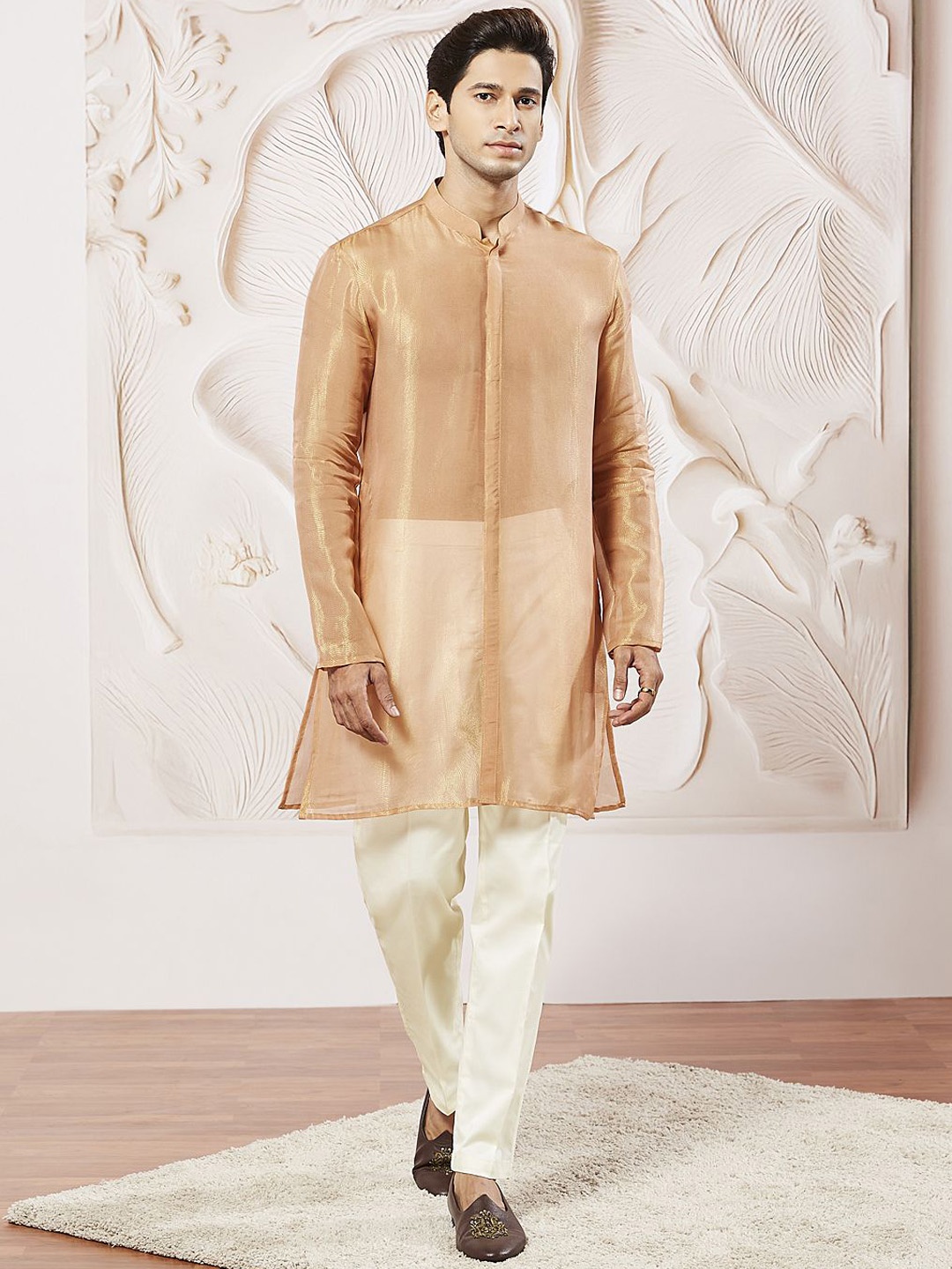 

VASTRAMAY Self Design Mandarin Collar Straight Sheer Kurta with Trousers, Rust