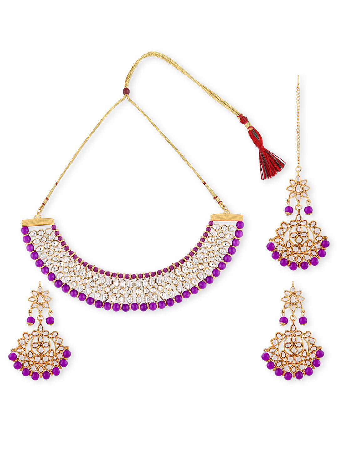 

Ethnicking Gold Plated Kundan Stone Studded & Beaded Necklace and Earrings With Maang Tika