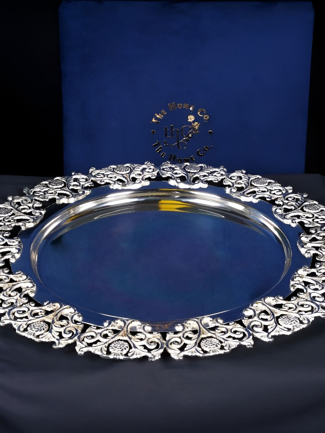 

THE HOME CO. Silver-Toned Ethnic Motifs Round Cosmos Brass Food Platter
