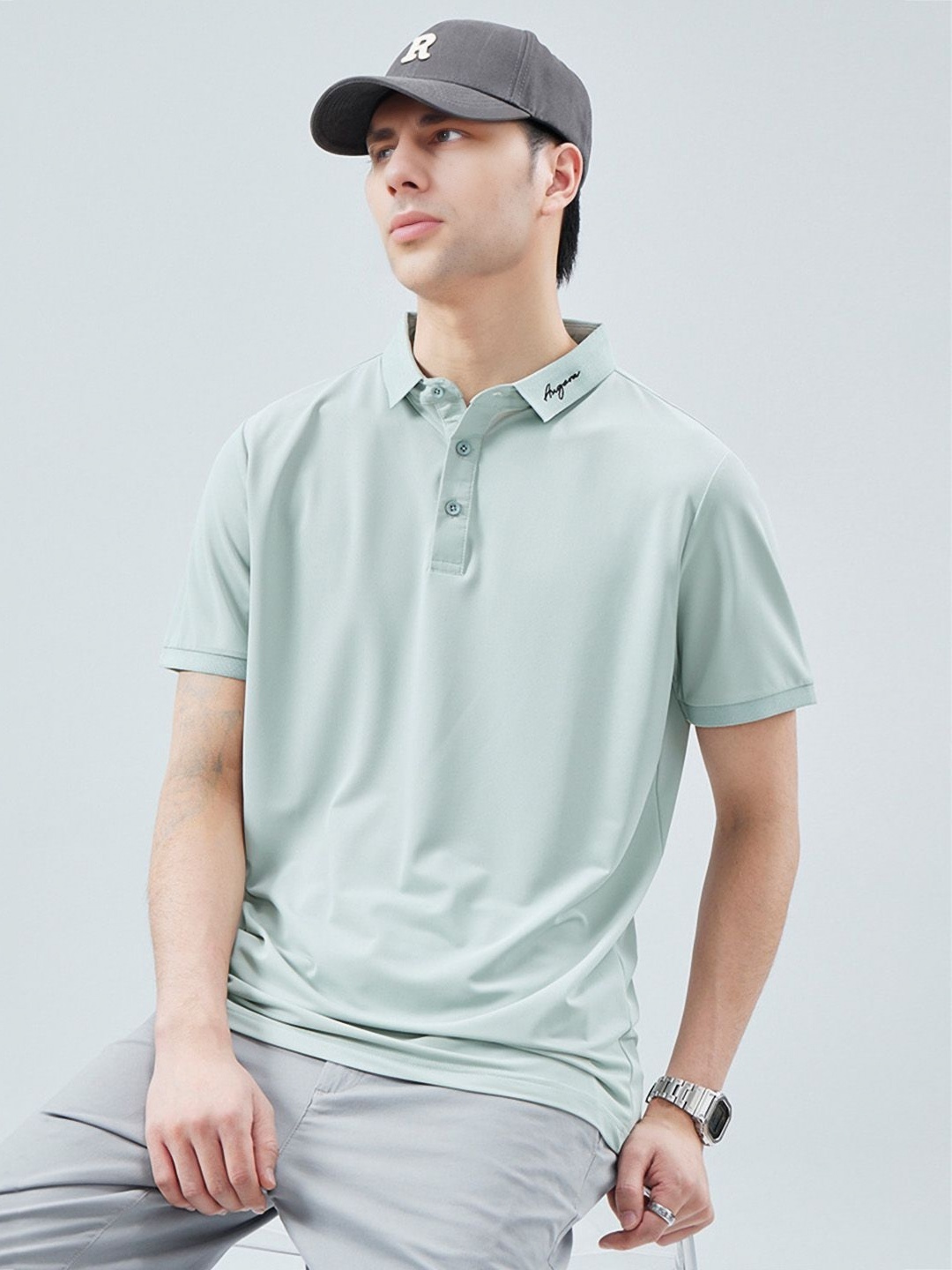 

StyleCast Men Solid Polo Collar Cotton T-shirt, Sea green