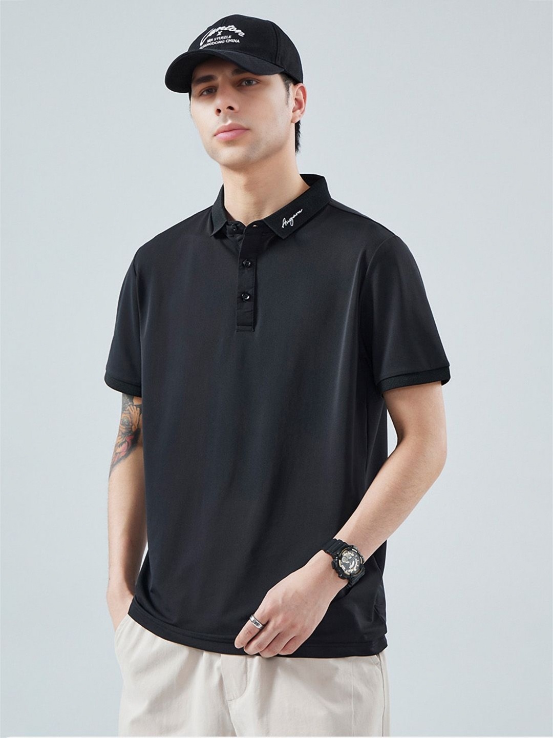 

StyleCast Men Solid Polo Collar Cotton T-shirt, Black