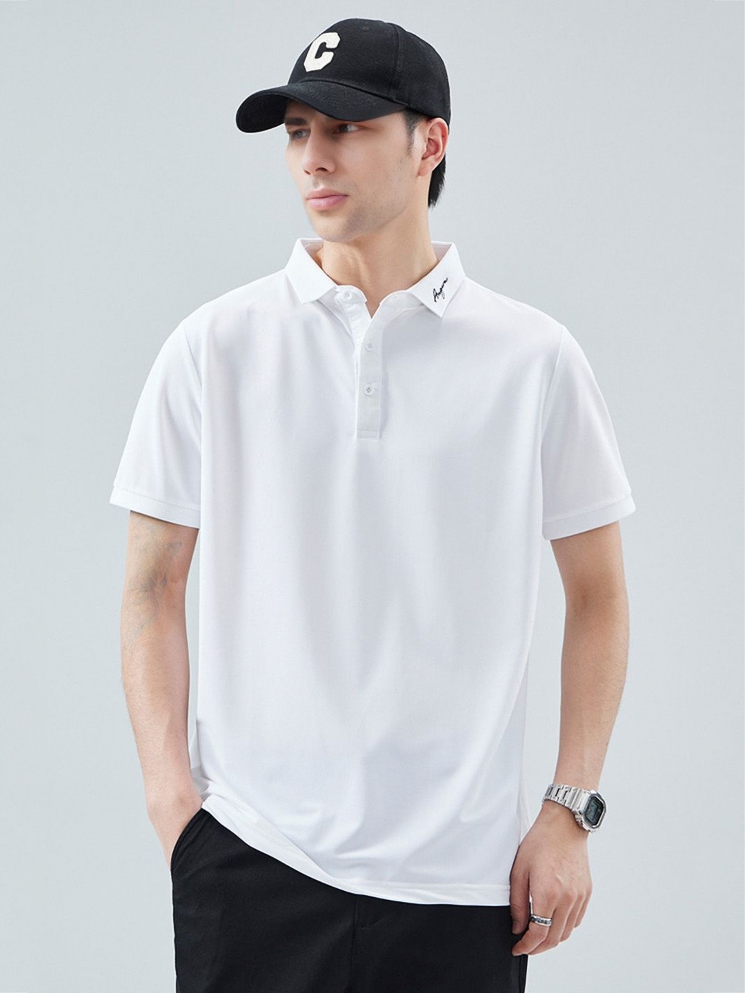 

StyleCast Men Solid Polo Collar Cotton Relaxed Fit T-shirt, White