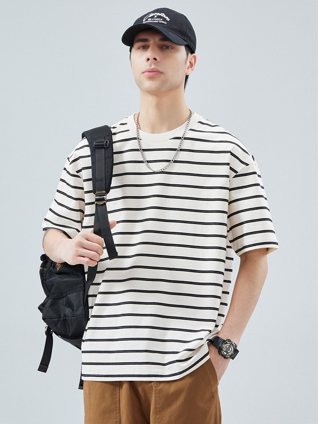 

StyleCast Men Striped Round Neck Cotton Oversized T-shirt, White