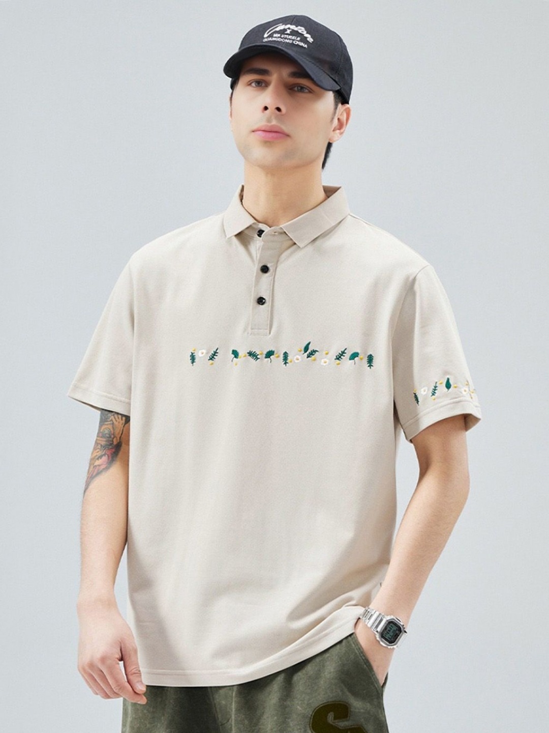 

StyleCast Men Floral Printed Polo Collar Cotton T-shirt, Beige
