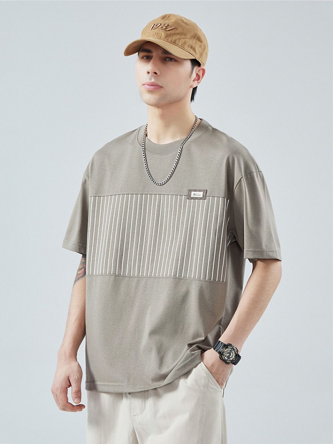 

StyleCast Men Striped Round Neck Cotton Oversized T-shirt, Grey