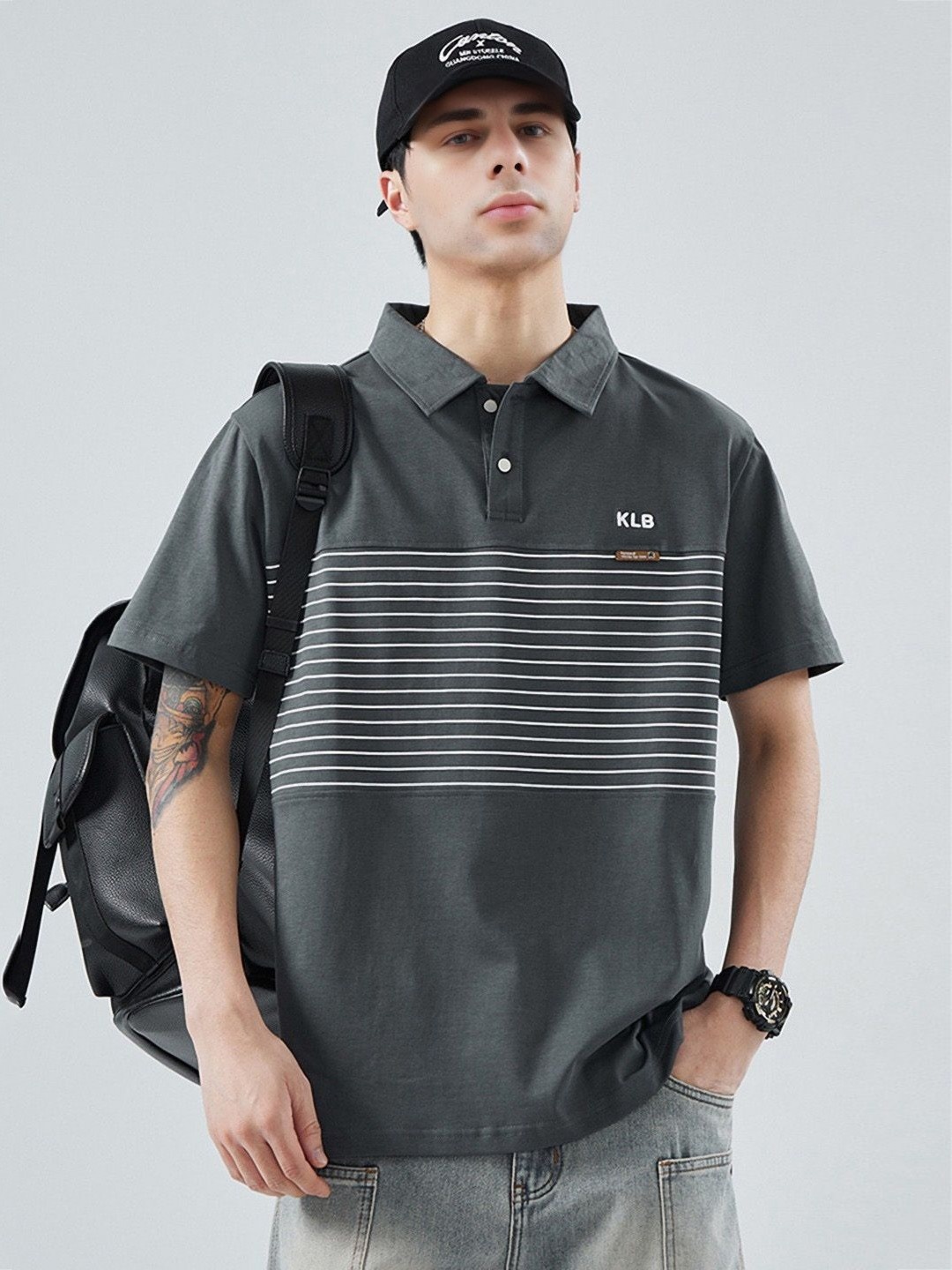 

StyleCast Men Striped Polo Collar Cotton T-shirt, Grey