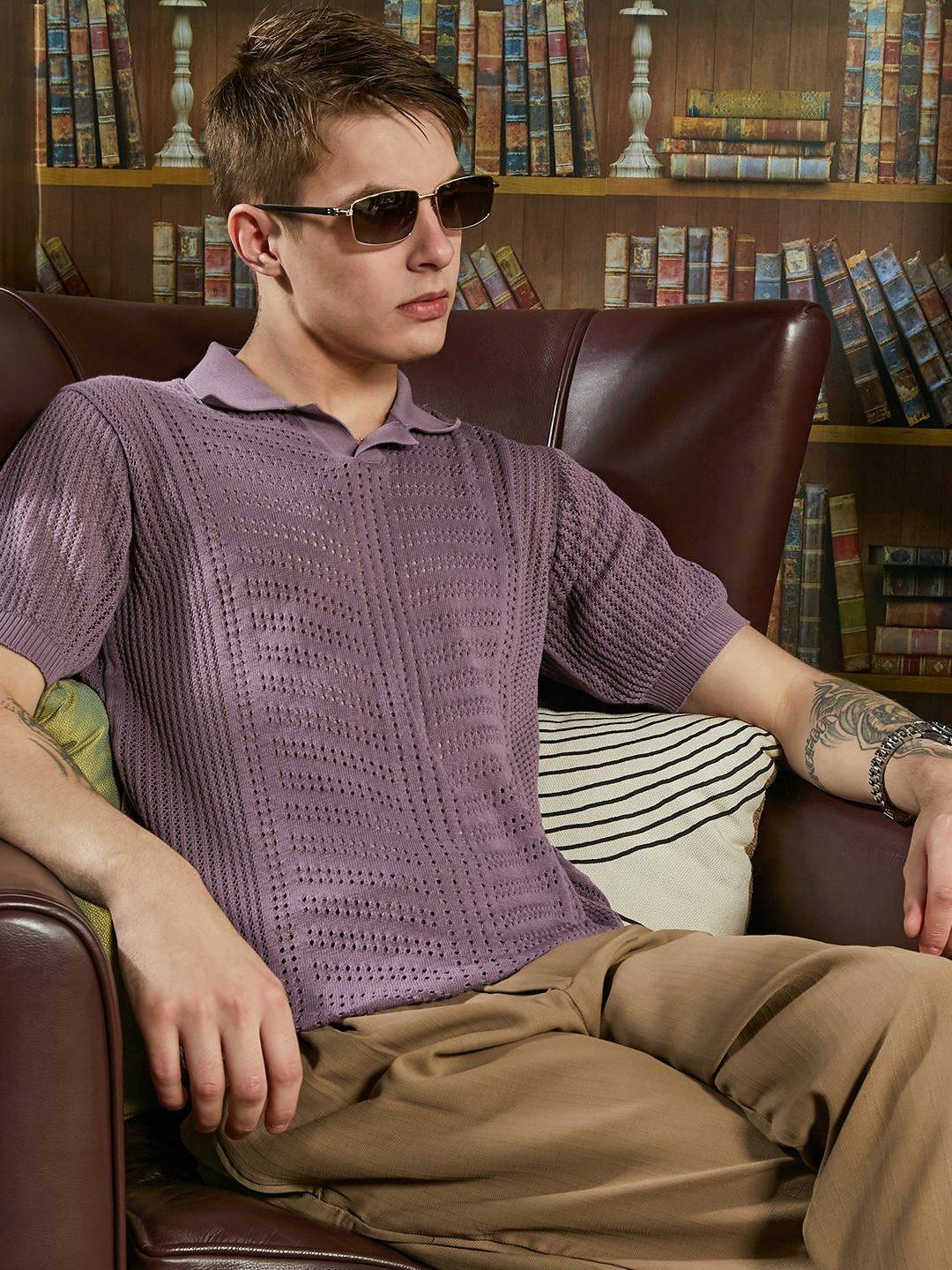 

Campus Sutra Men Self Design Polo Collar T-shirt, Purple