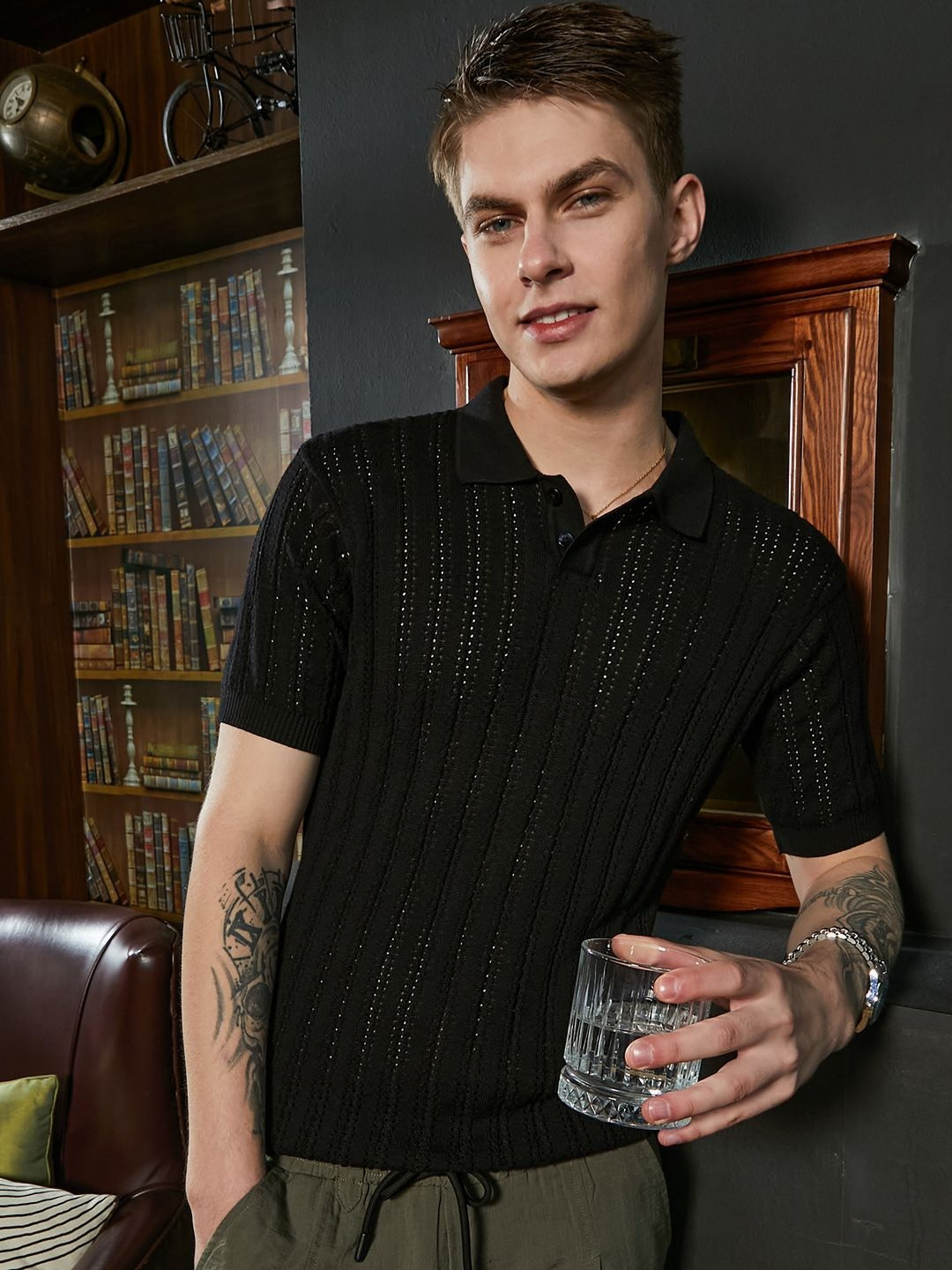 

Campus Sutra Men Self Design Polo Collar T-shirt, Black