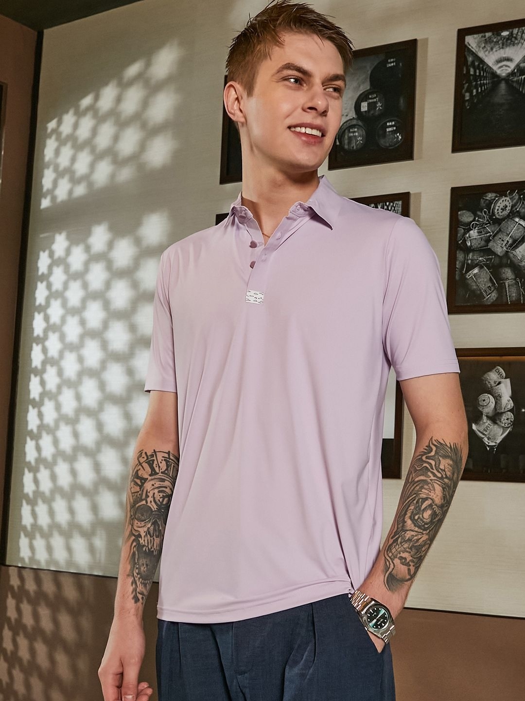 

Campus Sutra Men Solid Polo Collar T-shirt, Lavender