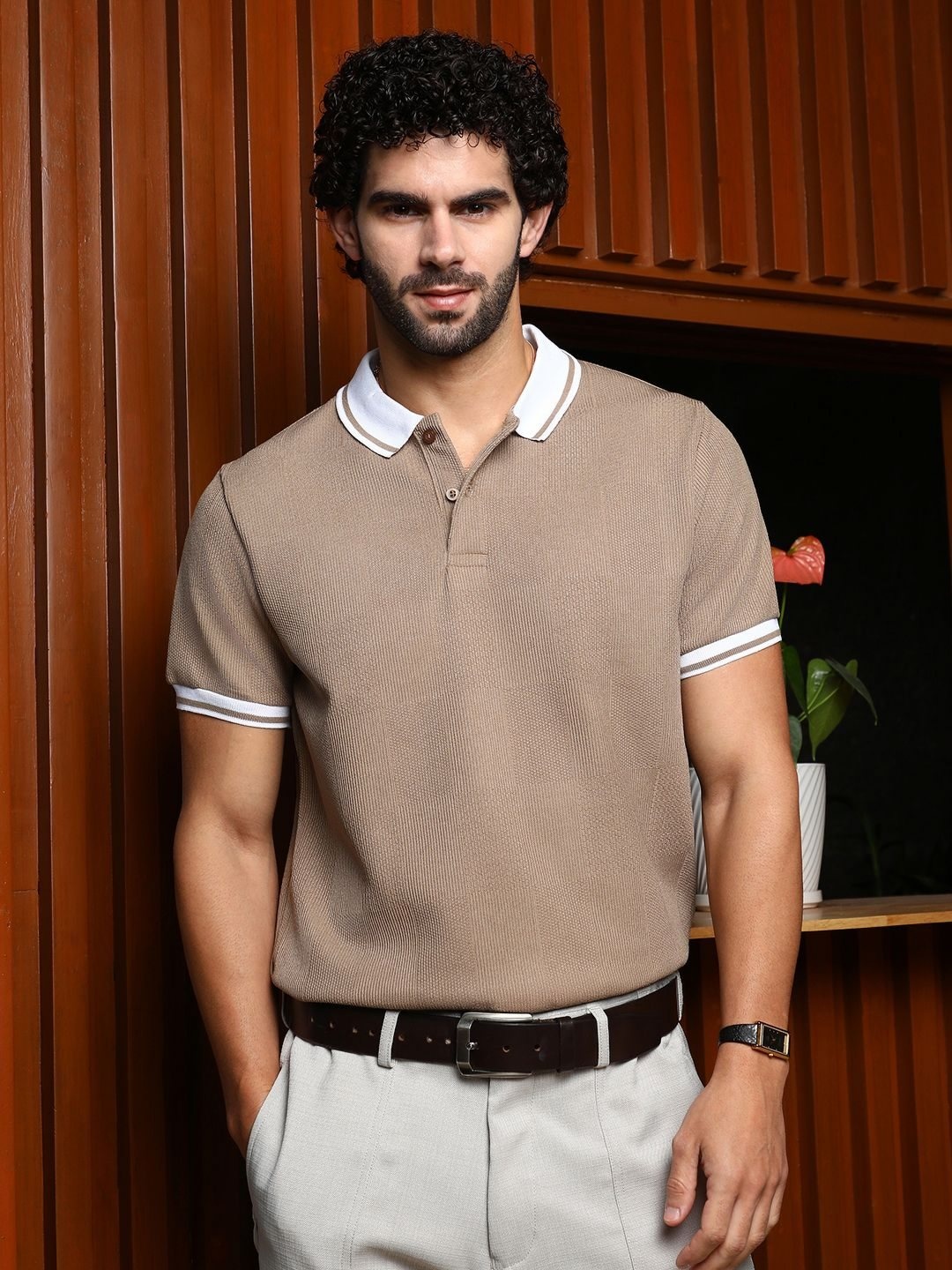 

Campus Sutra Men Self Design Polo Collar Cotton T-shirt, Beige