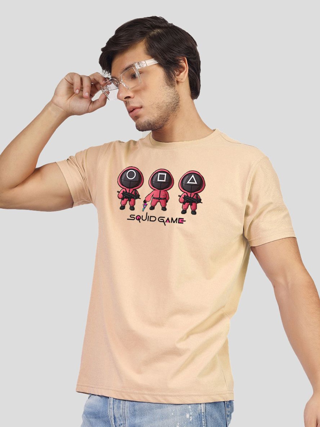 

Greylongg Men Graphic Printed Round Neck Cotton T-shirt, Beige
