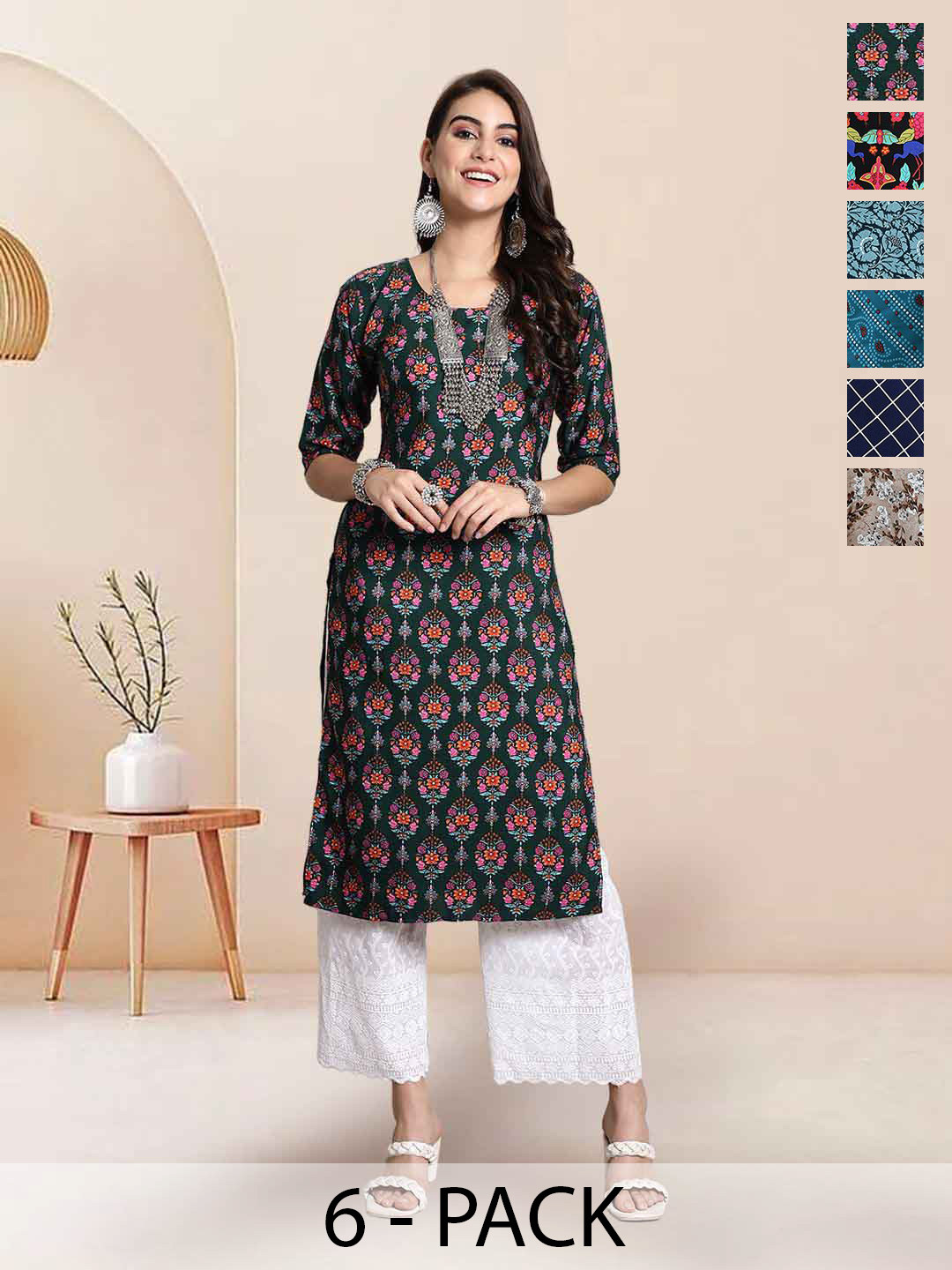 

7Threads Selection Of 6 Ethnic Motifs Printed Round Neck Straight Kurtas, Green
