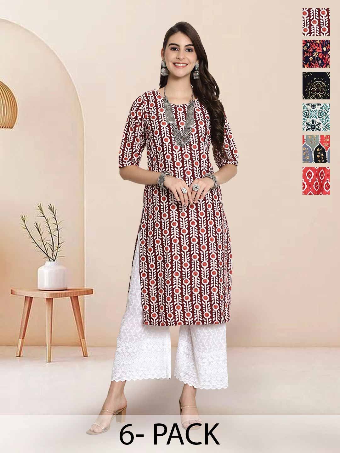 

7Threads Selection Of 6 Ethnic Motifs Printed Round Neck Straight Kurtas, Maroon