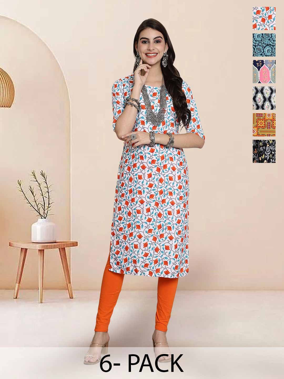

7Threads Selection Of 6 Floral Printed Round Neck Straight Kurtas, White