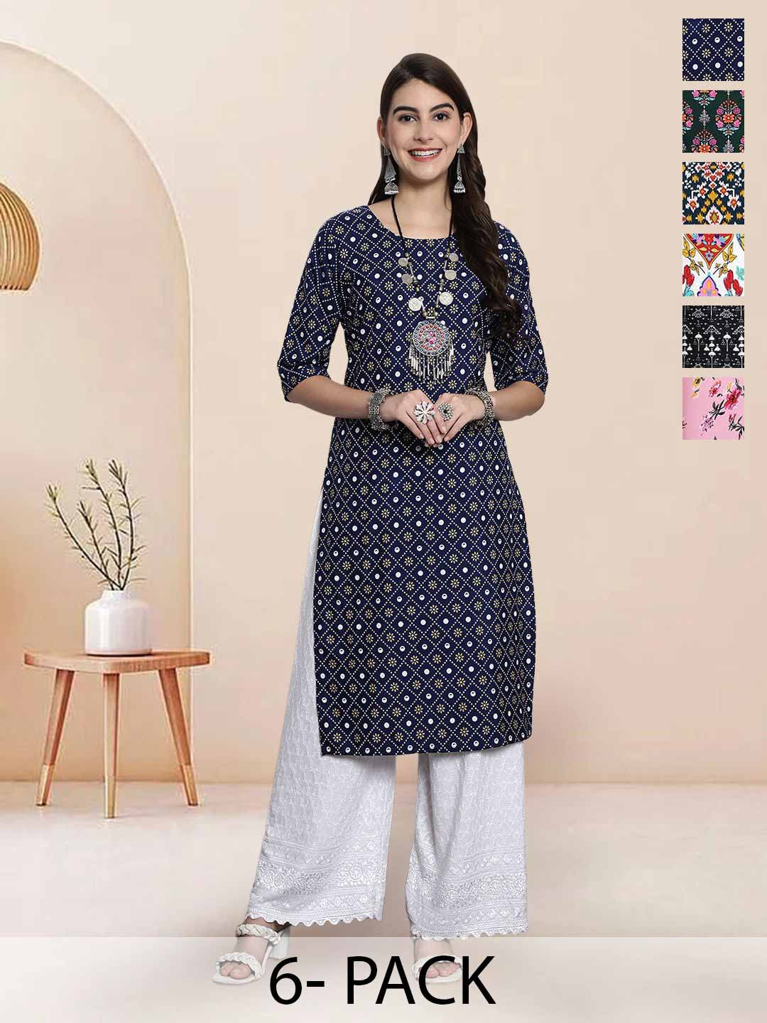 

7Threads Selection Of 6 Ethnic Motifs Printed Round Neck Straight Kurtas, Blue