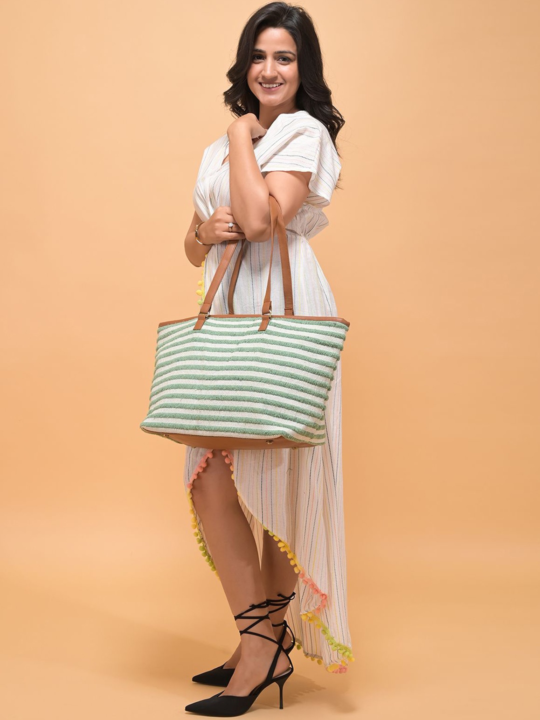 Anouk Striped Shopper Shoulder Bag with Quilted, Green