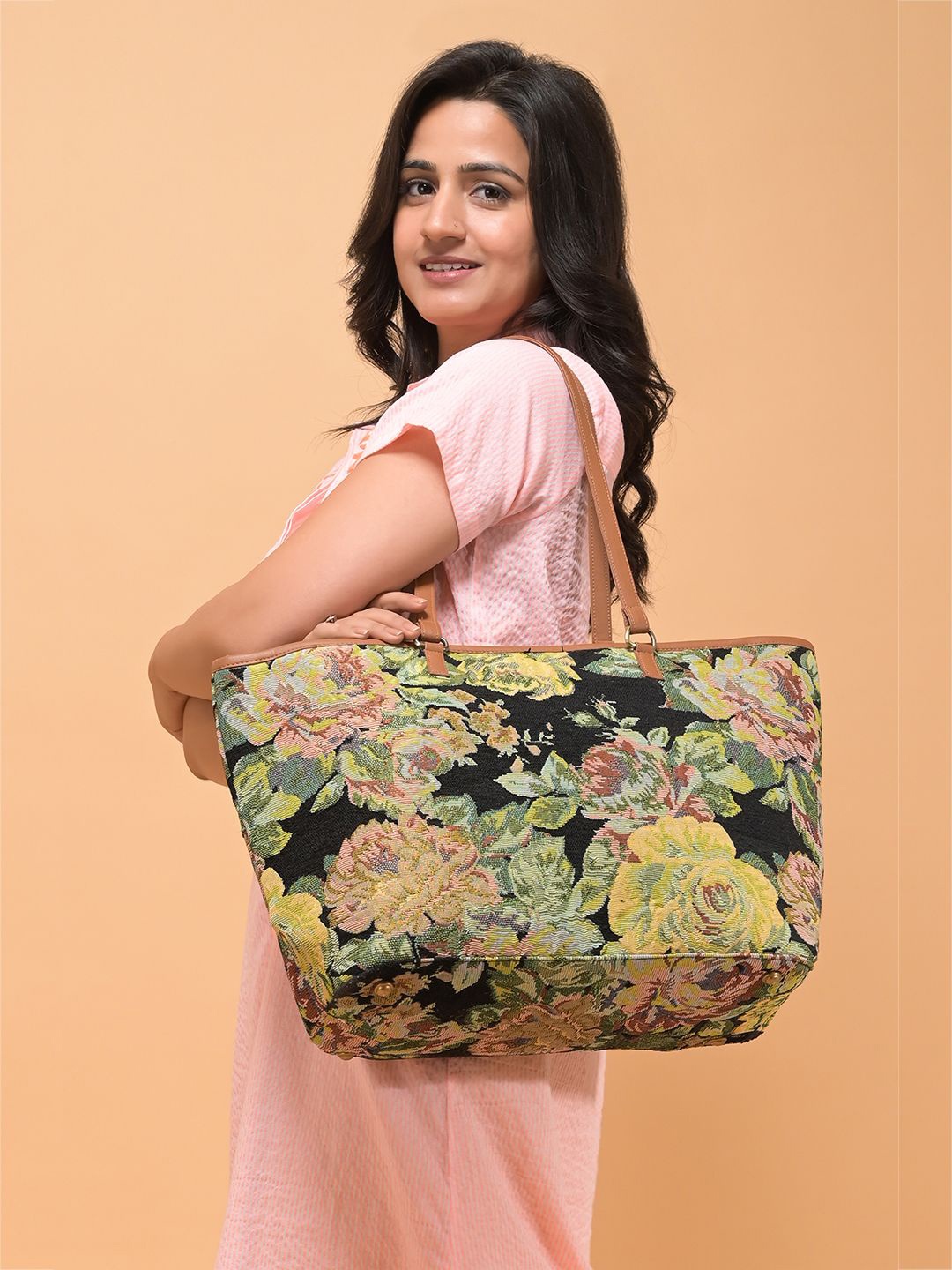 Anouk Floral Shopper Shoulder Bag with Tasselled, Black