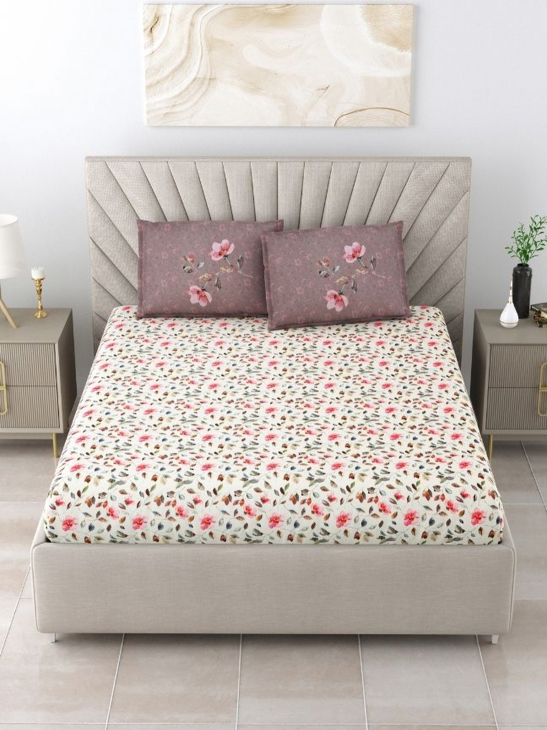 Aura Beige & Pink Floral 180 TC King Bedsheet with 2 Pillow Covers