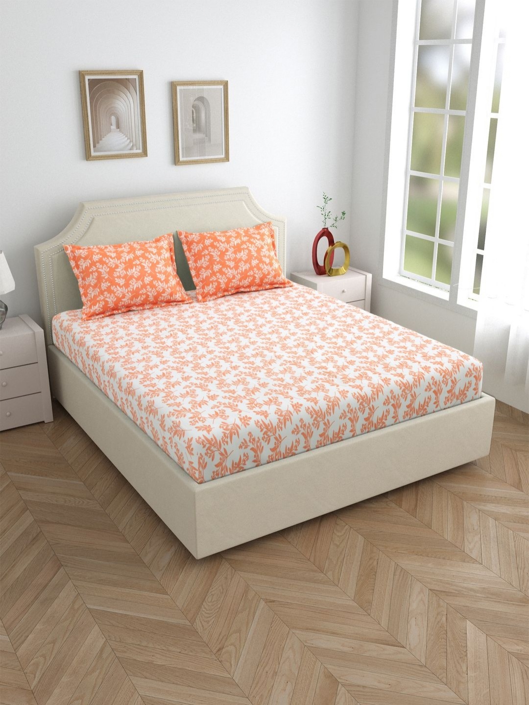 Aura Orange & White Floral 210 TC King Bedsheet with 2 Pillow Covers